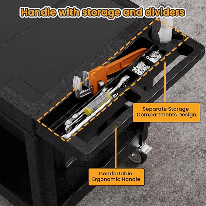 2-Tier Rolling Tool Cart,Heavy-Duty Plastic Service Cart with Lipped Shelves,550 lbs Capacity Utility Cart,Flat Top 46 x 26 Inch Rolling Work Carts for Garage,Salon,Kitchen,Office-Black