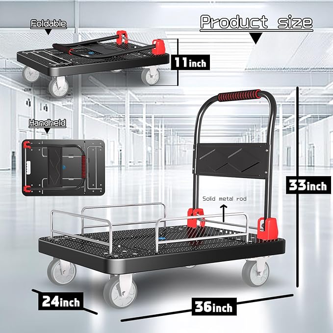 Platform Trucks Flatbed Cart Heavy Duty with Brake Wheels & Fence Foldable Hand Cart 1300lbs Capacity 36"x24" Moving Dolly for Furniture/Office/Groceries/Garage, Black