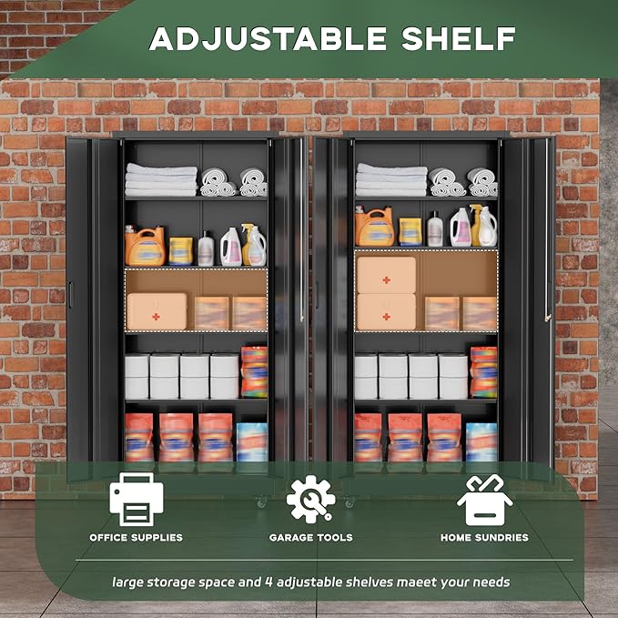 Greenvelly Metal Storage Cabinet with Wheels, 73" Black Lockable Rolling Storage Cabinets with Doors and 4 Adjustable Shelves, Large Steel Cabinet for Garage, Office, Home, School