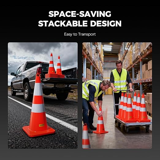 10 Pack 28 Inch Traffic Cones, from -22℉ to 131℉, MUTCD-Compliant Orange Safety Cone with Reflective Collar ＆ Extra Caution Tape for Parking Lot, Construction Work, Road Safety