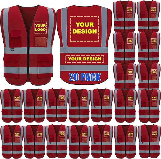 BeautyWill Custom Logo 10/20 Pack Safety Vest Class2 High Visibility Vest with Pockets Breathable Construction Vest Bulk