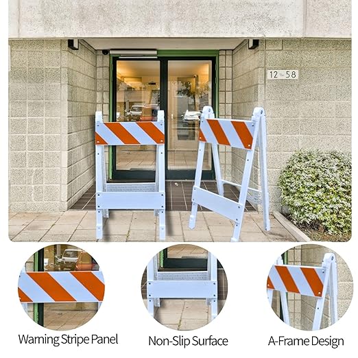 BESEA Folding Traffic Barricade, 45" A-Frame Safety Barrier with 8"x24" Top Panel and 8"x24" Bottom Panel, Heavy-Duty Plastic Construction for Road Work, Parking Lots, Events, and Crowd Control