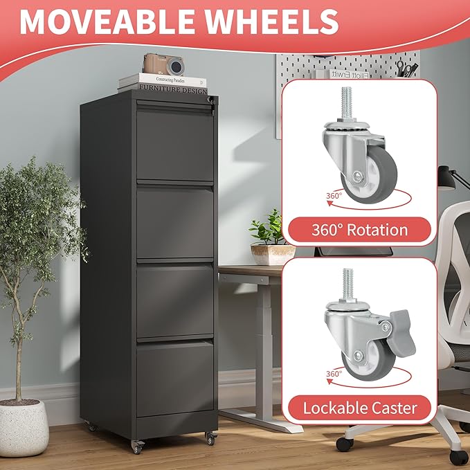 4 Drawer File Cabinet with Wheels,Metal Mobile Filing Cabinets with Lock,Black Rolling File Cabinet for Home Office,Heavy Duty Storage Cabinet for A4/Letter/Legal Size File,Assembly Required