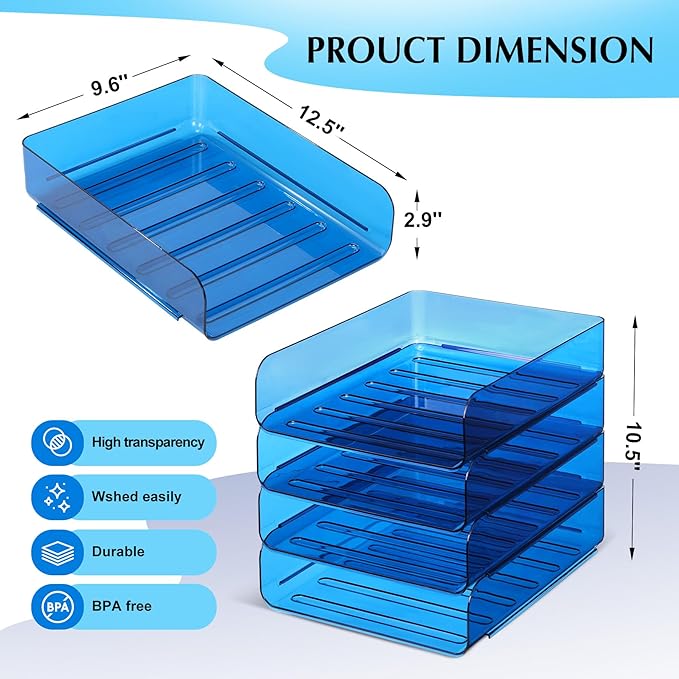 2 Pack Stackable Paper Tray File Organizer for Desk, Office Organizer and Storage for Desk Accessories, Notes, Books, File Paper, Document, Blue