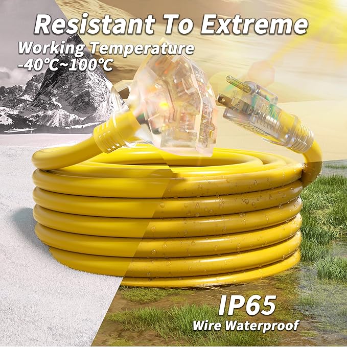 50 FT 12/3 Gauge Outdoor Extension Cord with Multiple Outlets Light Indicator, Flexible 3 Outlet Weatherproof Heavy Duty Extension Cord Waterproof Yellow, 15A 1875W 12AWG SJTW, ETL Listed