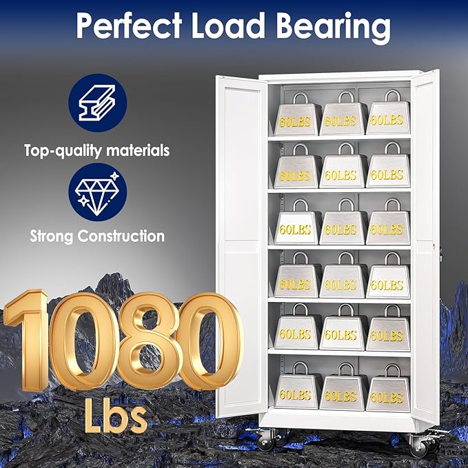 75" H Metal Garage Storage Cabinet, Rolling Tool Cabinet with 2 Doors and Wheels, Locker Steel Cabinet with 5 Adjustable Shelves, Organization Cabinet for Garage,Office,Home,Gym,School（White）