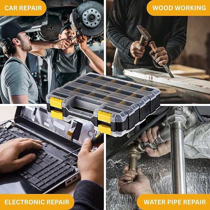 Andalus Tools Organizer Box, Small Parts Storage 34-Compartment Double-Sided Portable Hardware Organizer Removable Plastic Dividers for Screws, Nuts, Bolts, Nails – Yellow (1 Pack, 12.5" x 10.5" x 3")