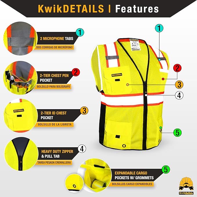 KwikSafety - Charlotte, NC - BIG KAHUNA Safety Vest [2 PACK] Class 2 ANSI OSHA Reflective Vest Durable High Visibility Vest Construction Safety Vest for Men Industrial Work Gear/Yellow XL
