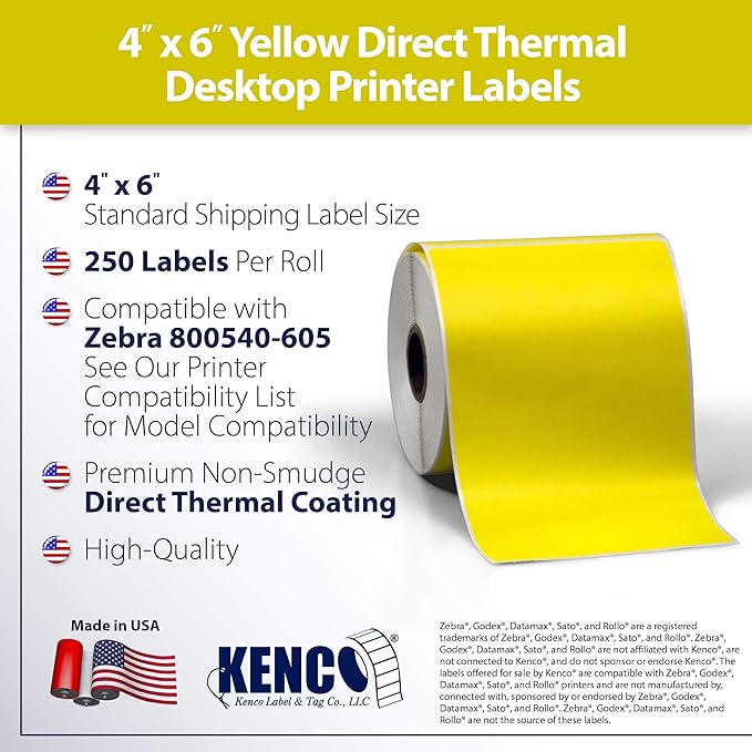 4" X 6" Direct Thermal Perforated Stickers Labels for Shipping Labels, Inventory, and Color Coding - Compatible with Zebra, Rollo, Godex and More (Yellow, 24 Rolls)
