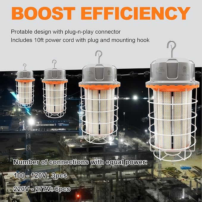 400W Construction Light, 56000lm LED Temporary Work Light, 5000K Daylight White, IP65 Waterproof Dustproof, Portable Hanging Lighting for Jobsite Workshop High Bay and Damp Locations