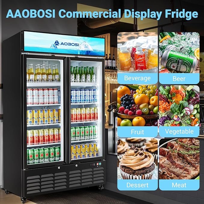 AAOBOSI Commercial Merchandiser Refrigerator,27.02 Cu.Ft Glass Door Display Refrigerator,Upright Beverage Cooler Fridge with Soft LED Light, Customizable Lightbox,Universal Casters,Adjustable Shelves