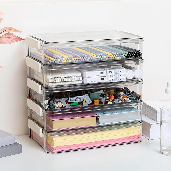 Citylife 5 PCS 6 Qt Plastic Storage Bins with Lids and Latches, Portable Project Case for Drawers, Clear Stackable File Box for Organizing A4 Paper, Letters, Documents, Art Supplies, and Crafts