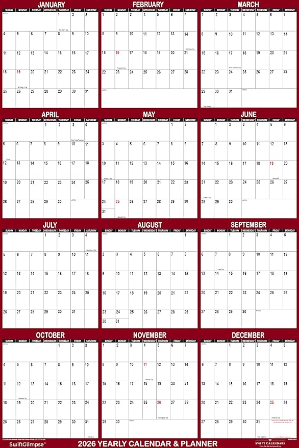 32" x 48" SwiftGlimpse 2026 Wall Calendar Erasable Jumbo XL Wet & Dry Erase Laminated 12 Month Annual Yearly Wall Planner, Reversible, Horizontal/Vertical, Maroon