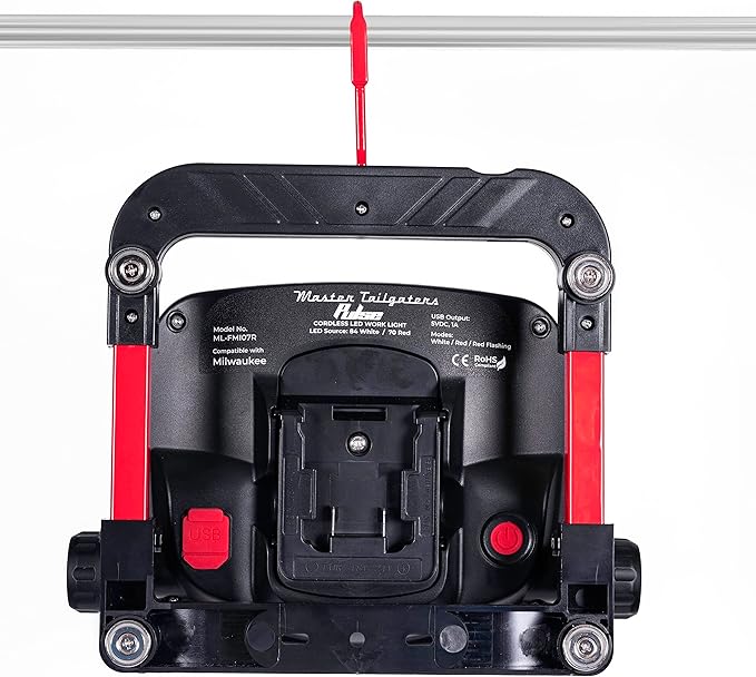 Master Tailgaters Pulse LED Work Flood Light Compatible with Milwaukee or Dewalt Battery | Bright White/Red Solid or Flashing Red Light Modes | LED Night Hunting Lights