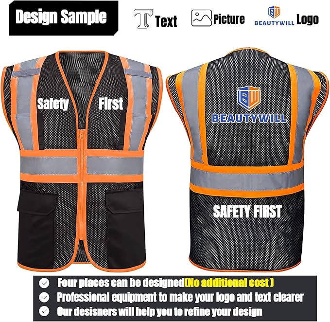 BeautyWill Custom Safety Vest Customized Logo Class 2 High Visibility Reflective Vest with Pockets Construction workwear