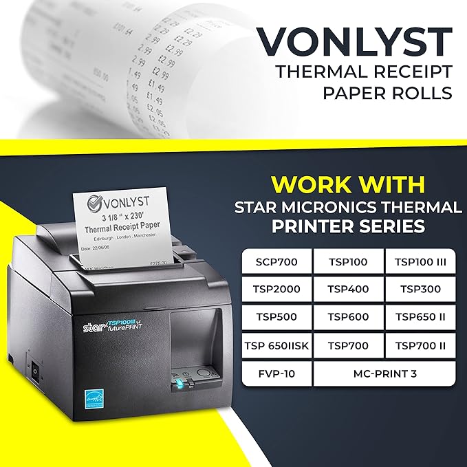 Receipt Paper Roll 3 1/8 x 230 for Square Register and Square POS System connected to Star Micronics Thermal Printer (Pack 06 rolls)