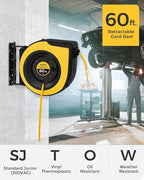 Retractable Cord Reel, 60 FT Heavy Duty Extension Cord, 12AWG/3C SJTOW, 3 Grounded Outlets Lighted Triple Tap, 15A Circuit Breaker, Wall/Ceiling Mounted, UL Listed, Yellow Y60CR06