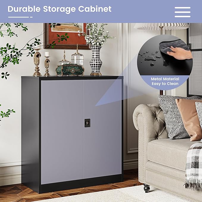 Metal Storage Cabinet,Locking File Cabinet with Doors and Adjustbale Shelves,Tool Steel Cabinets for Garage,Home Office,School,Gym(Grey & Black)