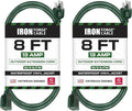 Iron Forge Cable 2 Pack Weatherproof 8 Ft Outdoor Extension Cord - 16/3 SJTW Heavy Duty Green Extension Cord 3 Prong - 13 Amp Exterior Power Cable