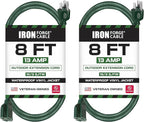 Iron Forge Cable 2 Pack Weatherproof 8 Ft Outdoor Extension Cord - 16/3 SJTW Heavy Duty Green Extension Cord 3 Prong - 13 Amp Exterior Power Cable