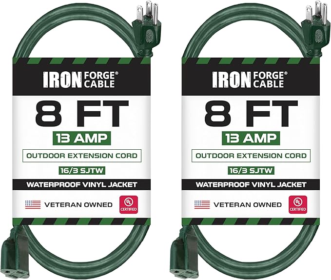 Iron Forge Cable 2 Pack Weatherproof 8 Ft Outdoor Extension Cord - 16/3 SJTW Heavy Duty Green Extension Cord 3 Prong - 13 Amp Exterior Power Cable