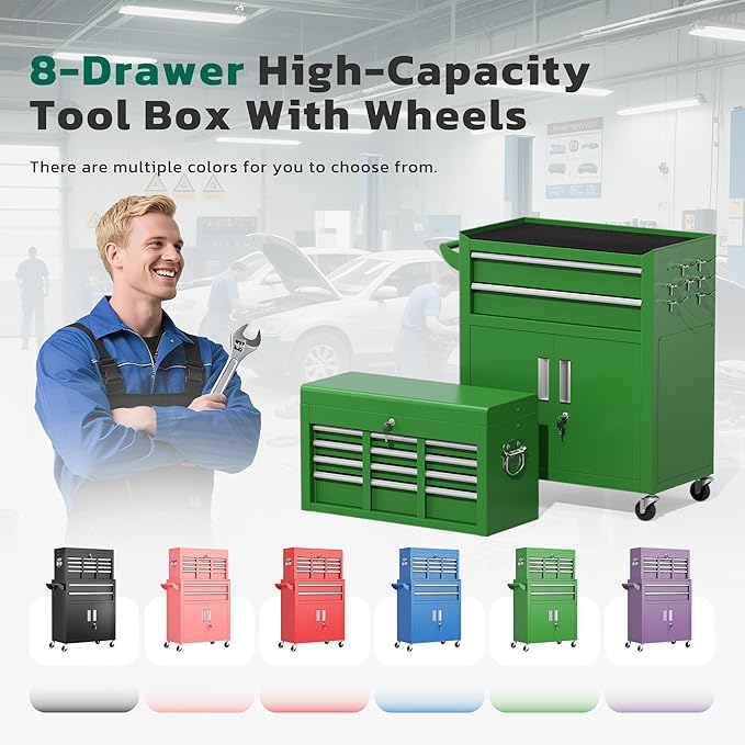 Greenvelly 8-Drawer Rolling Tool Chest, Metal Tool Chest with Wheels, Tool Cabinet with Detachable Top Tool Box, Metal Tool Cart with Liner & Hooks for Garage, Workshop, Warehouse (Green)