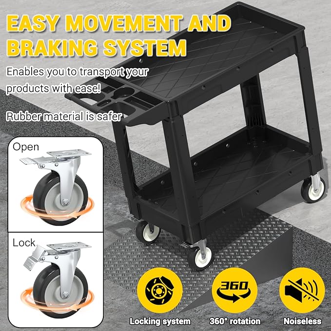 Heavy Service Utility Cart on Wheels,Tool Cart on Wheels, Service Cart for Garage, Warehouse, Workshop, Office, Cleaning (Black-40.6 inch)