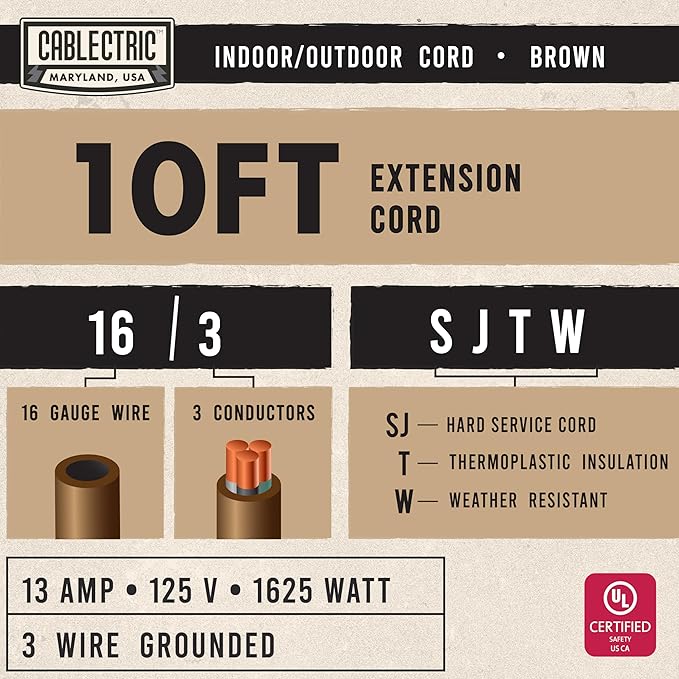 Brown Outdoor Extension Cord 10 ft, Weatherproof Heavy Duty 16 Gauge Extension Cord 3 Prong, 13 AMP Exterior Electrical Cable SJTW for Deck, Patio, Lawn, Landscaping, Proudly American Owned