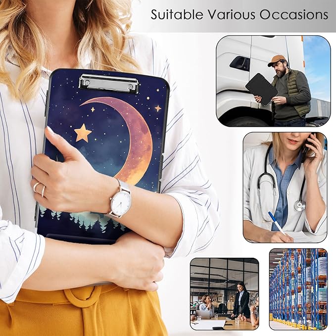 Clipboard with Storage,Office Supplies Nursing Clipboards Folder with Pen Holder Plastic Storage ClipBoard Foldable for Teacher Nurse,Moon Forest