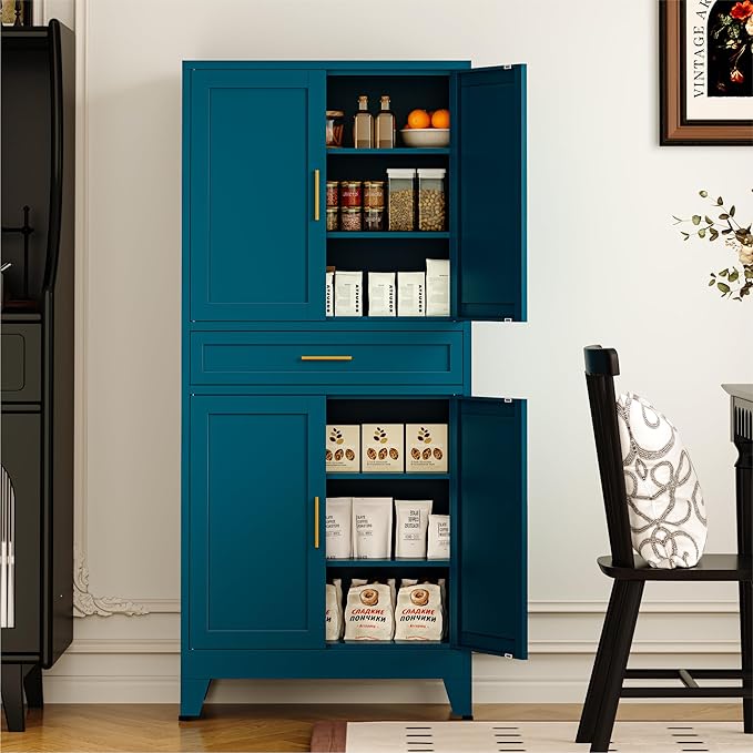 COFaR 71" Pantry Cabinet with Drawer, Peacock Blue Storage Cabinet with Adjustable Shelves, 3-Section Modern Statement Cupboard for Kitchen & Bathroom