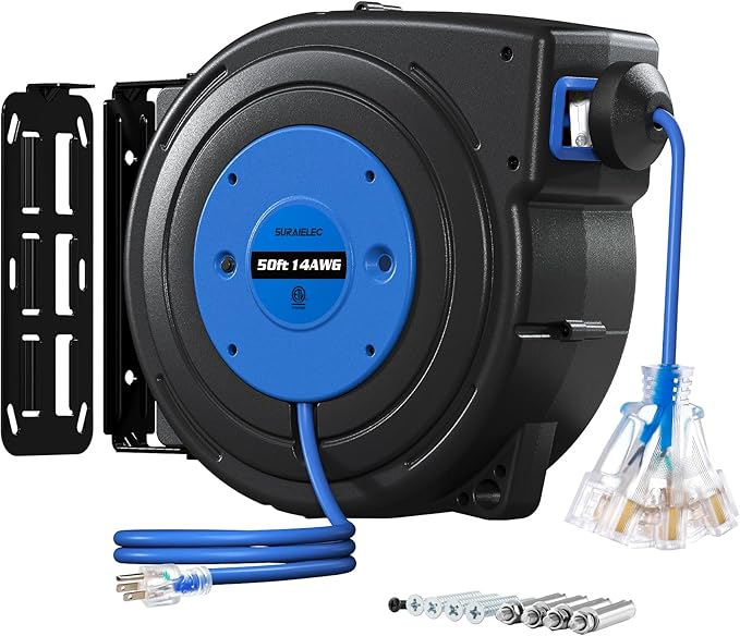 SURAIELEC 50FT Retractable Extension Cord Reel, 14AWG/3C SJTOW Heavy Duty Power Cord with Lighted Triple Tap, 13A Circuit Breaker, Ceiling/Wall Mount for Garage, Shop, Workshop, ETL Listed, Blue