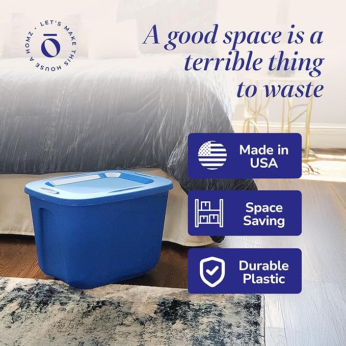 HOMZ 4-Pack Durable Molded Bin, Plastic Storage Containers w/Lids, 10 Gallon, Blue - Stackable Organizer Totes and Boxes for Bedroom, Kitchen, and Garage Organization