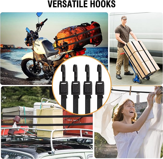 Bungee Cords with Hooks, 40 Inch Flat Adjustable Bungee Cords with Hooks Heavy Duty, Rubber Black Bungee Straps with Buckle Hooks for Outdoor, Camping, Tarps, Bike Rack, Tent, Truck, 6 Pack