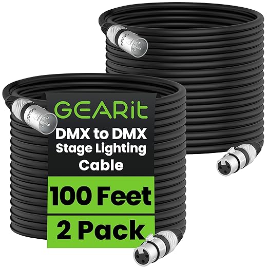 GEARit DMX to DMX Stage Lighting Cable (100 Feet, 2-Pack) DMX Male to Female (XLR Compatible) 3-Pin Balanced Shielded for DJ LED Moving Head Par Light, Mic Mixer, Recording Studio, Podcast - 100ft