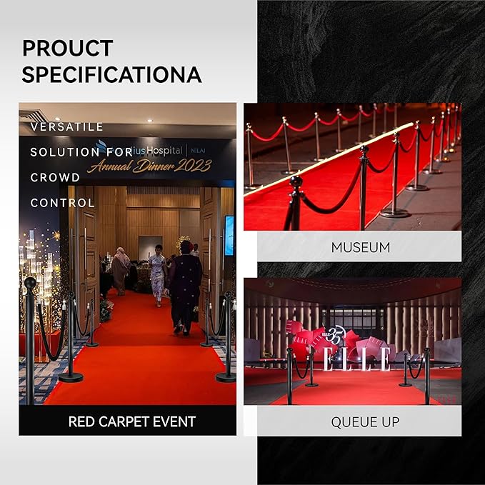 4PCS Black Stainless Steel Stanchions with 3PCS 5FT Velvet Black Ropes - Crowd Control Barriers with Ball Top and Hollow Base for Event,Party,Wedding
