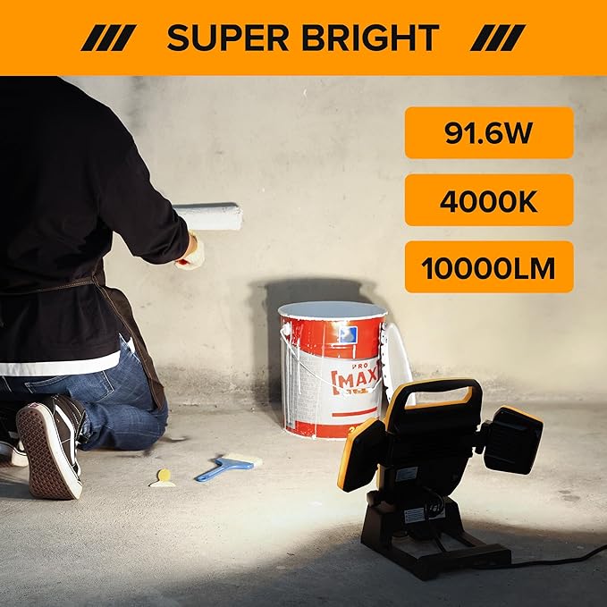 LUTEC 91.6W 10000 Lumen LED Work Light, Foldable Work Lights with 3 Adjustable Head, Portable Corded Construction Lights Job Site Lighting