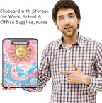 Clipboard with Storage, High Capacity Plastic Storage Clipboard with Pen Holder for for Women Teachers Work, School & Office Supplies, Cute Pattern Decorative Clipboards, Sun and Moon