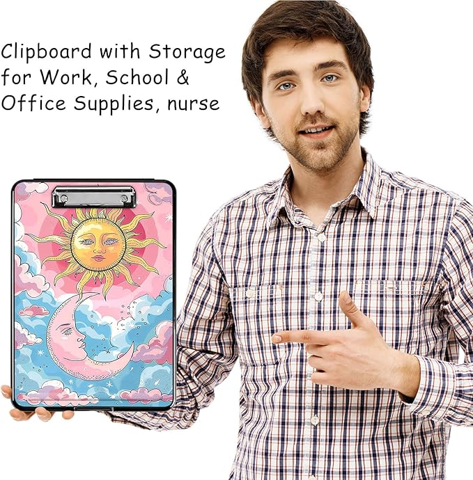 Clipboard with Storage, High Capacity Plastic Storage Clipboard with Pen Holder for for Women Teachers Work, School & Office Supplies, Cute Pattern Decorative Clipboards, Sun and Moon