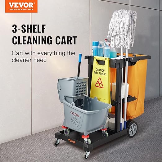 VEVOR Cleaning Cart, 3-Shelf Commercial Janitorial Cart, 200 lbs Capacity Plastic Housekeeping Cart, with 25 Gallon PVC Bag, 47 x 20 x 38.6in, Yellow & Black