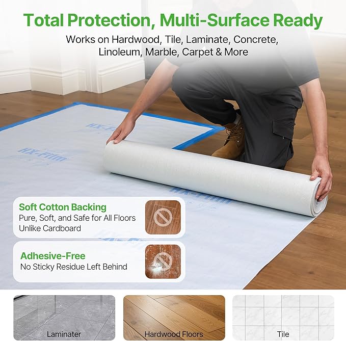39" x200' Heavy-Duty Floor Protection | Construction Grade Carpet Protector | Drop Cloth Plastic Film for Hardwood Floors | Waterproof Painters Covering with No Residue(Ice Blue)