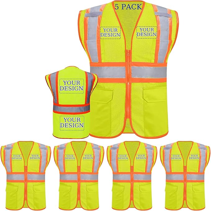 Custom Safety Vest with Logo Pockets High Visibility Reflective Vests Construction Security Workwear