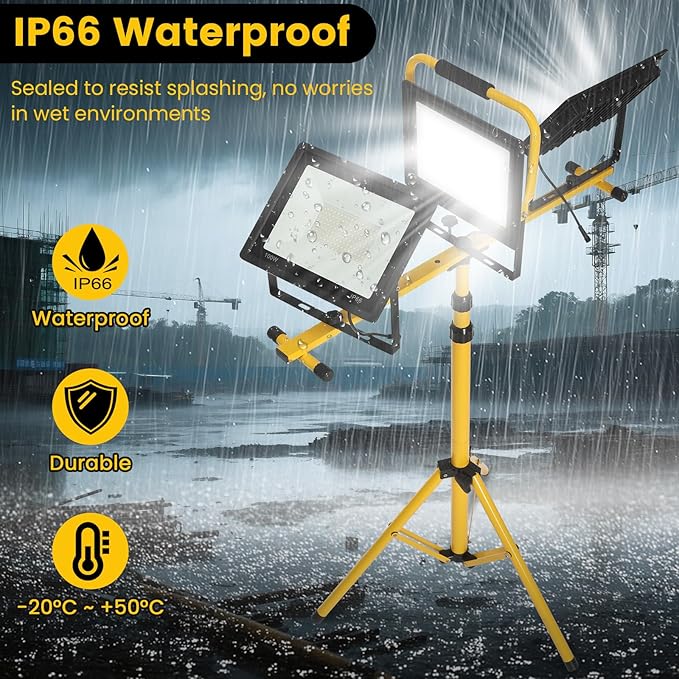 30000 Lumen Super Bright Portable Heavy Duty LED Work Light with Foldable Tripod Stand 16.4FT Cord, Waterproof 3 Head Adjustable 100W Large Job Site Lighting Worklight for Construction Workshop Garage