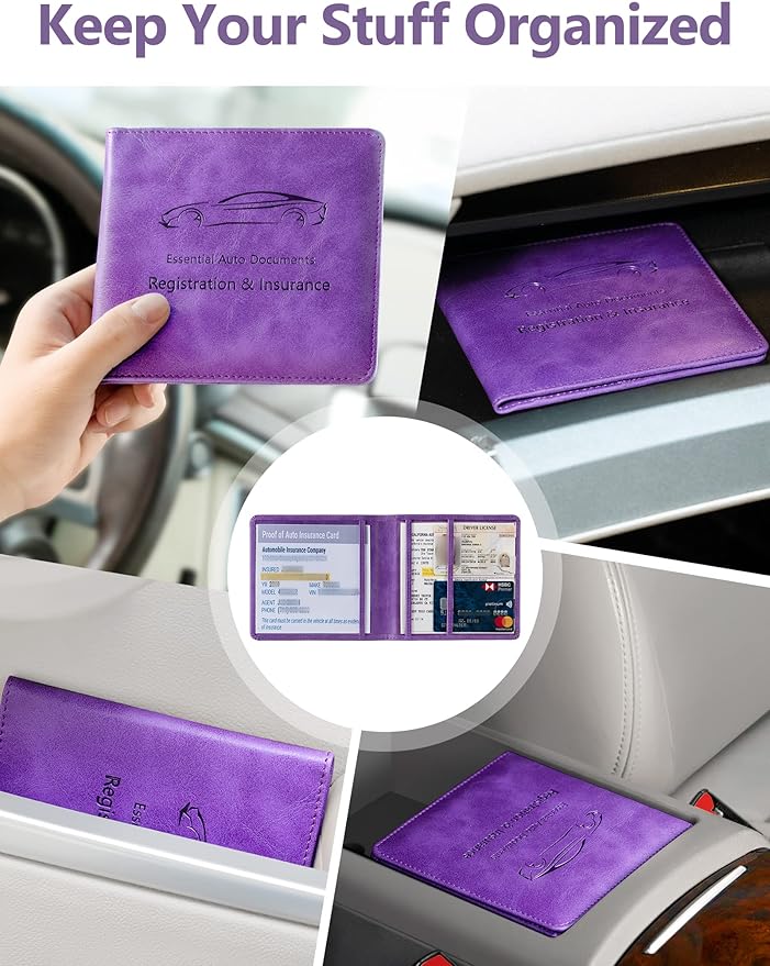 Mymazn Car Registration and Insurance Card Holder, PU Leather Insurance and Registration Holder with Magnetic Closure, Car Document Holder For Driver's License & Essential Documents, Purple