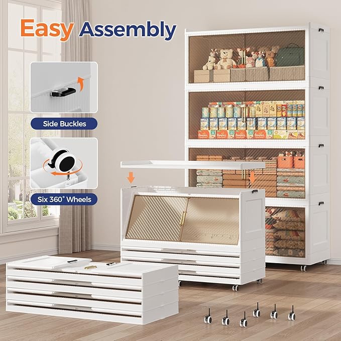 150 Gallon Extra Large Collapsible Storage Bin with Lid, 960QT Stackable Plastic Organizer with 6x Wheels, Foldable Drawer Cabinet for Closet, Living Room Office, Kitchen 3Pack, White