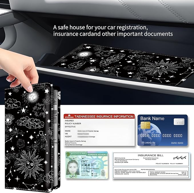Premium Car Registration and Insurance Card Holder, Cute PU Leather Car Document Holder, Vehicle Glove Box Car Organizer with Magnetic Closure for Driver License, Cards Black Celestial Sky