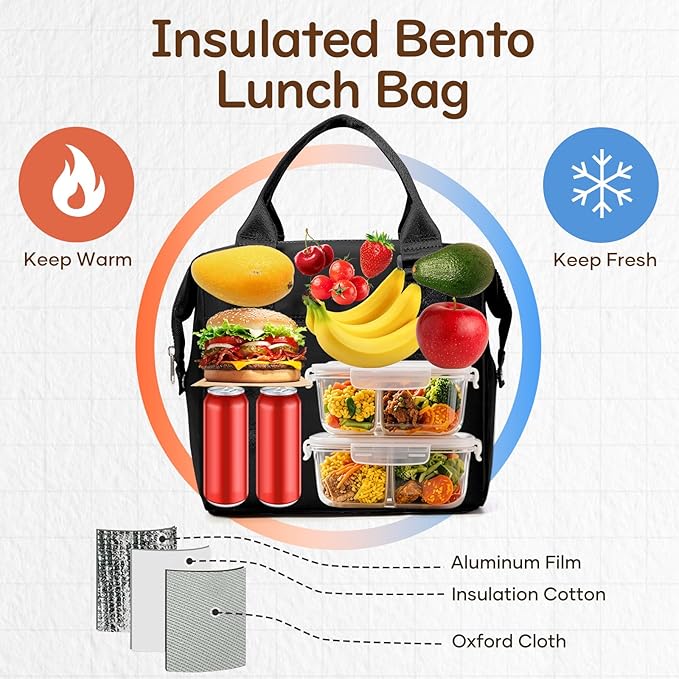 coowoz Lunch Box for Women Insulated Adult Lunch Tote Cooler Bag loncheras para mujer Lunchbox Lunchbag for Men Work Picnic Office Beach Black