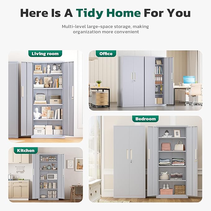 Greenvelly Metal Storage Cabinet, 63" H Locking Metal Storage Cabinet with Doors and 4 Shelves, Lockable Steel Cabinets for Kitchen, Bedroom, Living Room, Office (Dark Grey)