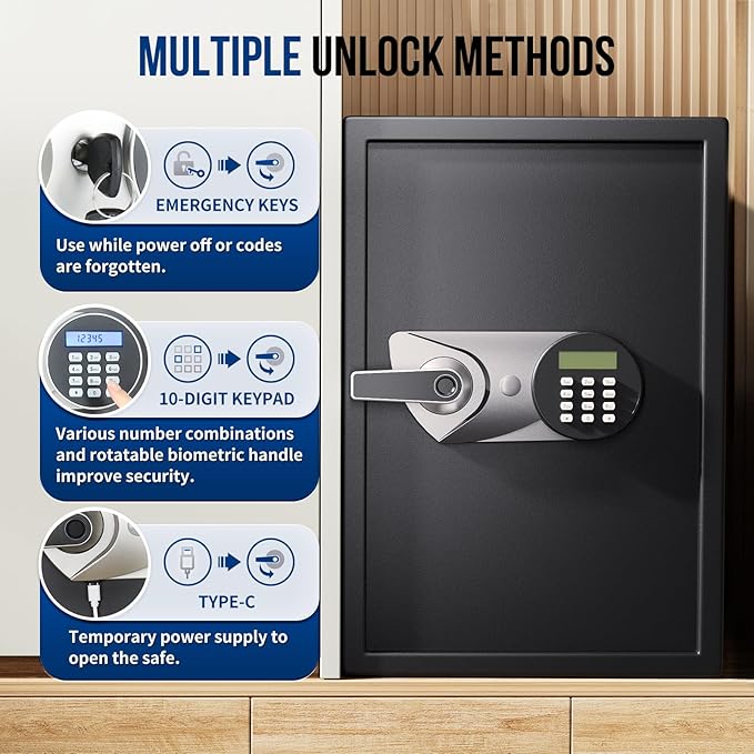 BlackSmith Large Home Safe Box 2.0 Cub Biometric Safe Fingerprint Recogntion Lock Box with Removable Shelf LED Light Fireproof Bag Wall Mount Cabinet Safe for Home Office Hotel, Black