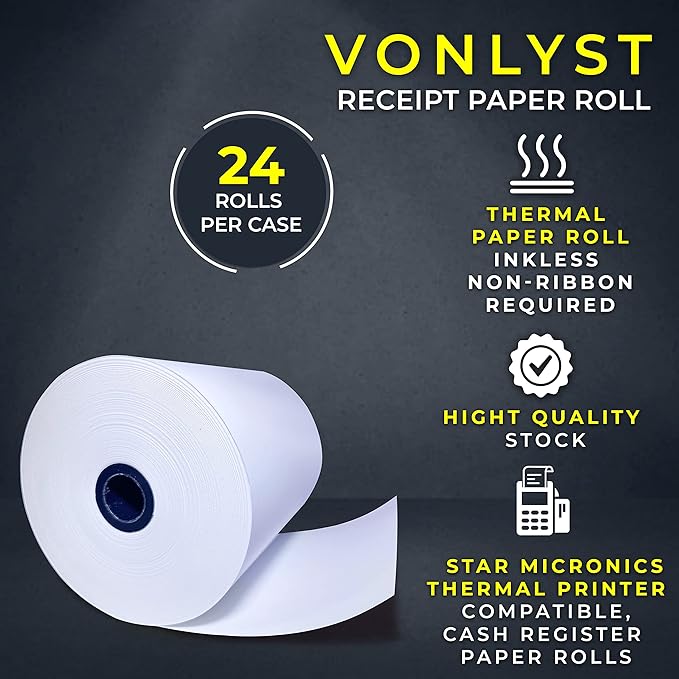 Receipt Paper Roll 3 1/8 x 230 for Square Register and Square POS System connected to Star Micronics Thermal Printer (Pack 24 rolls)