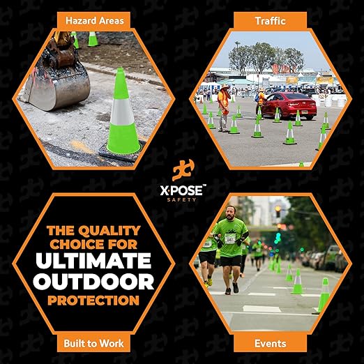 Xpose Safety 18” Lime Green Traffic Cone - 6" Reflective Collar – 1 Pack Premium PVC Safety Cone for Parking, Caution, Construction, Road Crews, Emergency Vehicle - DOT Approved